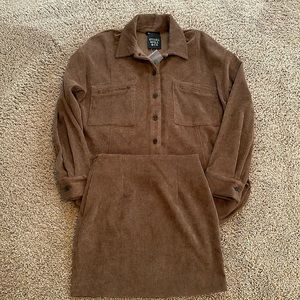 Corduroy button up shirt jacket and skirt brown matching set small new with tags